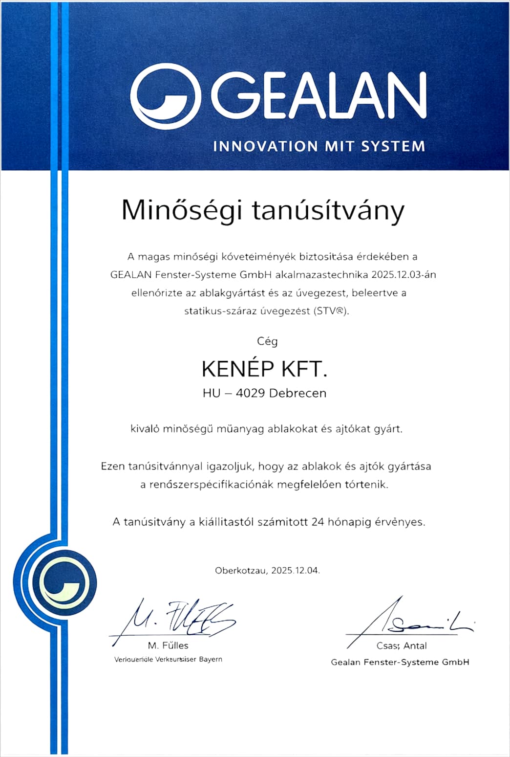 Gealan minőségi tanúsítvány – KENÉP Kft.